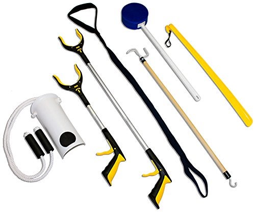 RMS Premium 7Piece Hip Knee Replacement Kit with Leg Lifter 19 and 32 inch Rotating Reacher Grabber Long Handle Shoe Horn Sock Aid Dressing Stick Bath Sponge for Knee or Back Surgery Recovery